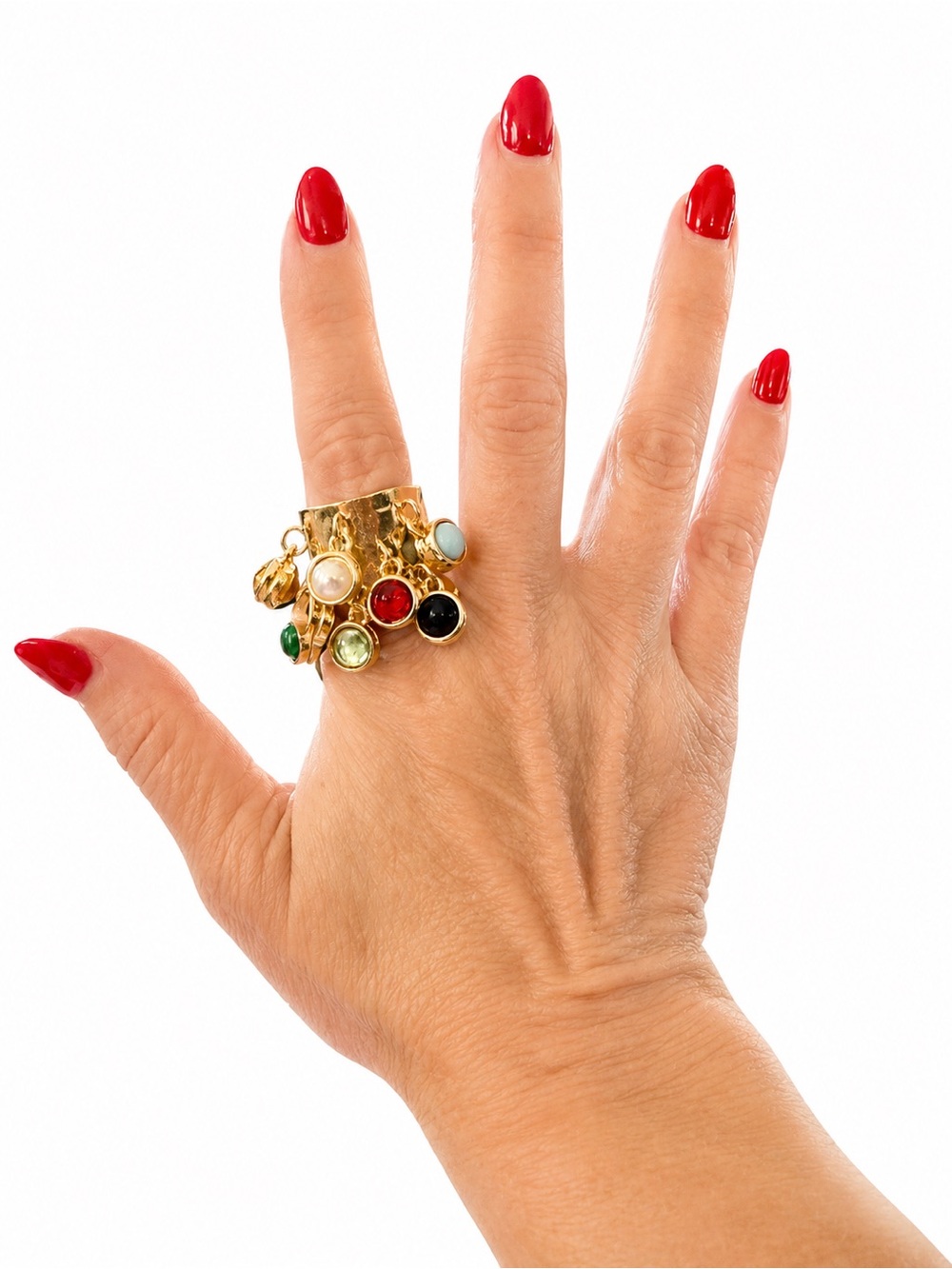 New Gold Tone Multi-Cabochon Charm Statement Ring – Adjustable Boho Cocktail